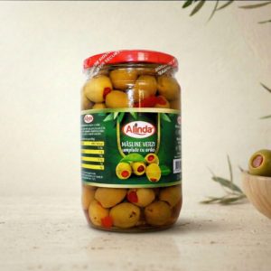 Măsline Verzi cu Pastă de Ardei Alinda – Borcan 400 g