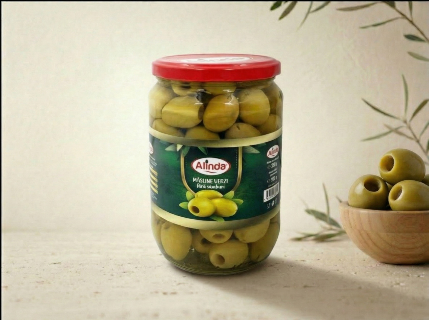Măsline Verzi Fără Sâmburi Alinda – Borcan 350 g