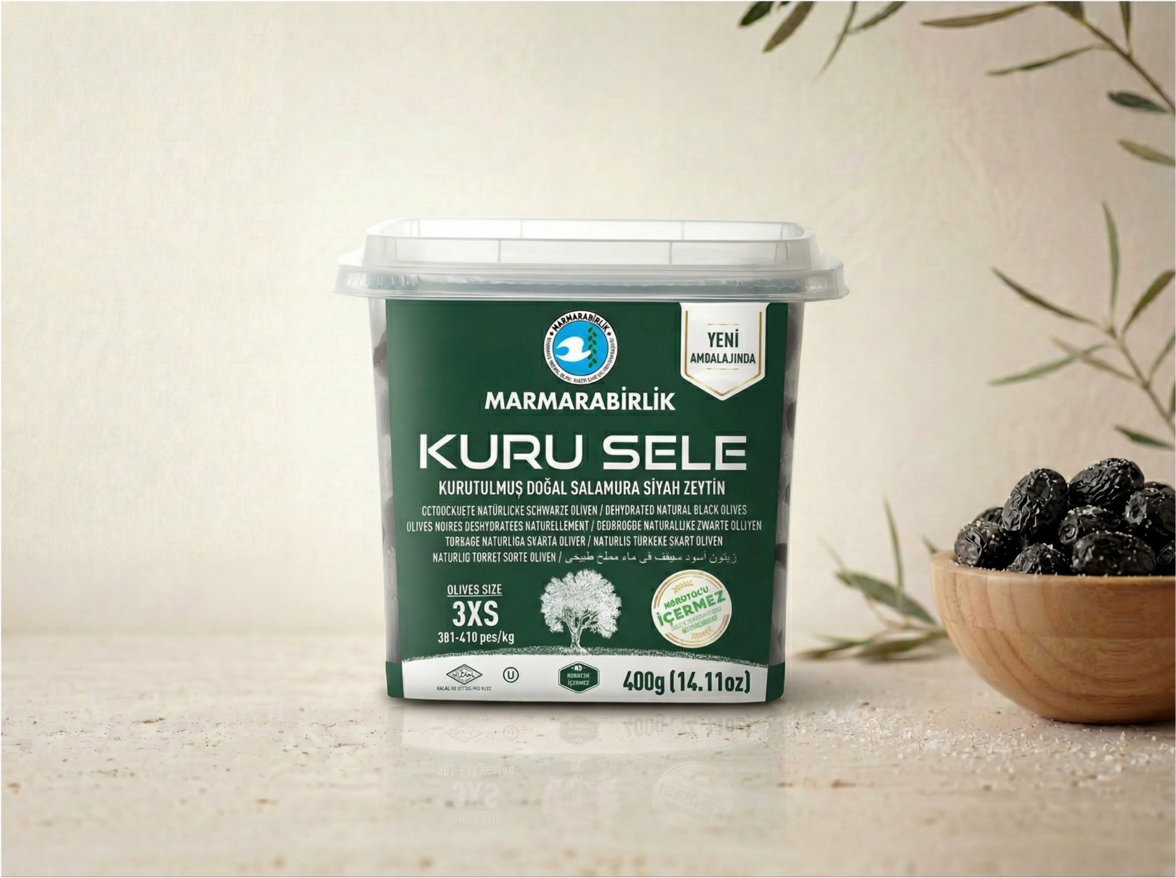 Măsline Negre Uscate Kuru Sele Marmarabirlik – Recipient Verde 400g (3XS)
