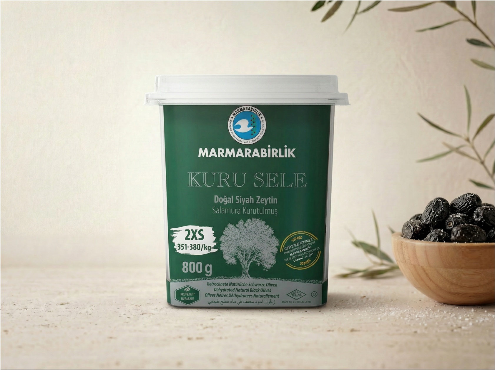 Măsline Negre Uscate Kuru Sele Marmarabirlik – Recipient Verde 800g (2XS)