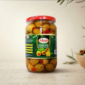 Măsline Verzi Fără Sâmburi Umplute cu Ardei Alinda – Borcan 400 g