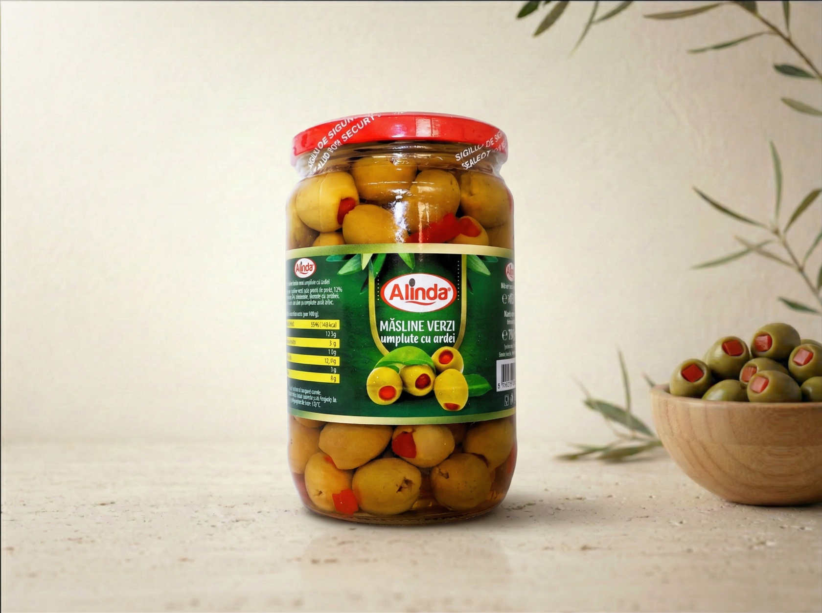 Măsline Verzi Fără Sâmburi Umplute cu Ardei Alinda – Borcan 400 g